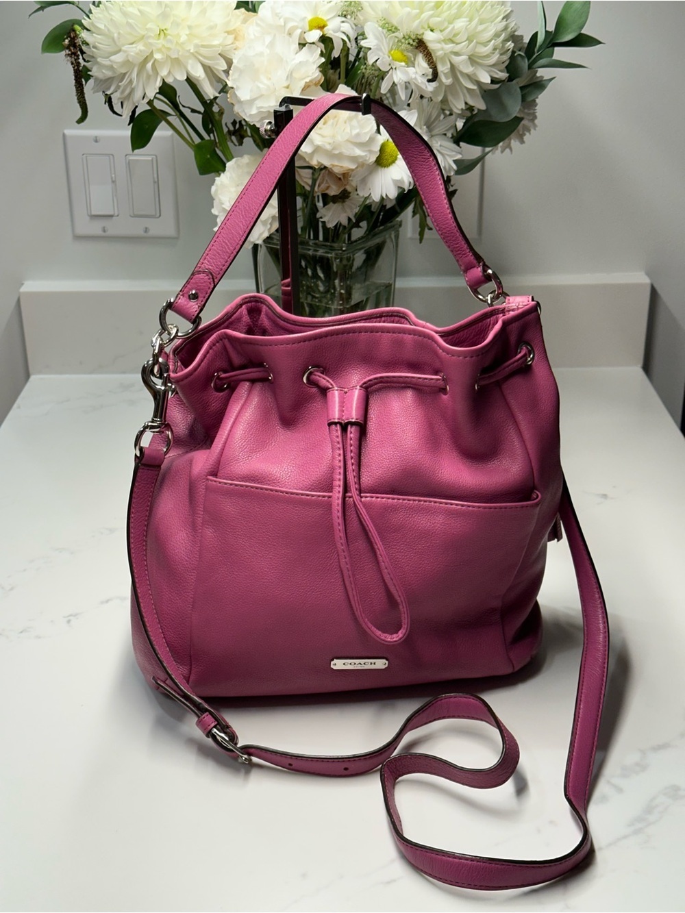 Coach Avery Fuchsia Pebbled Leather Drawstring Bucket Bag